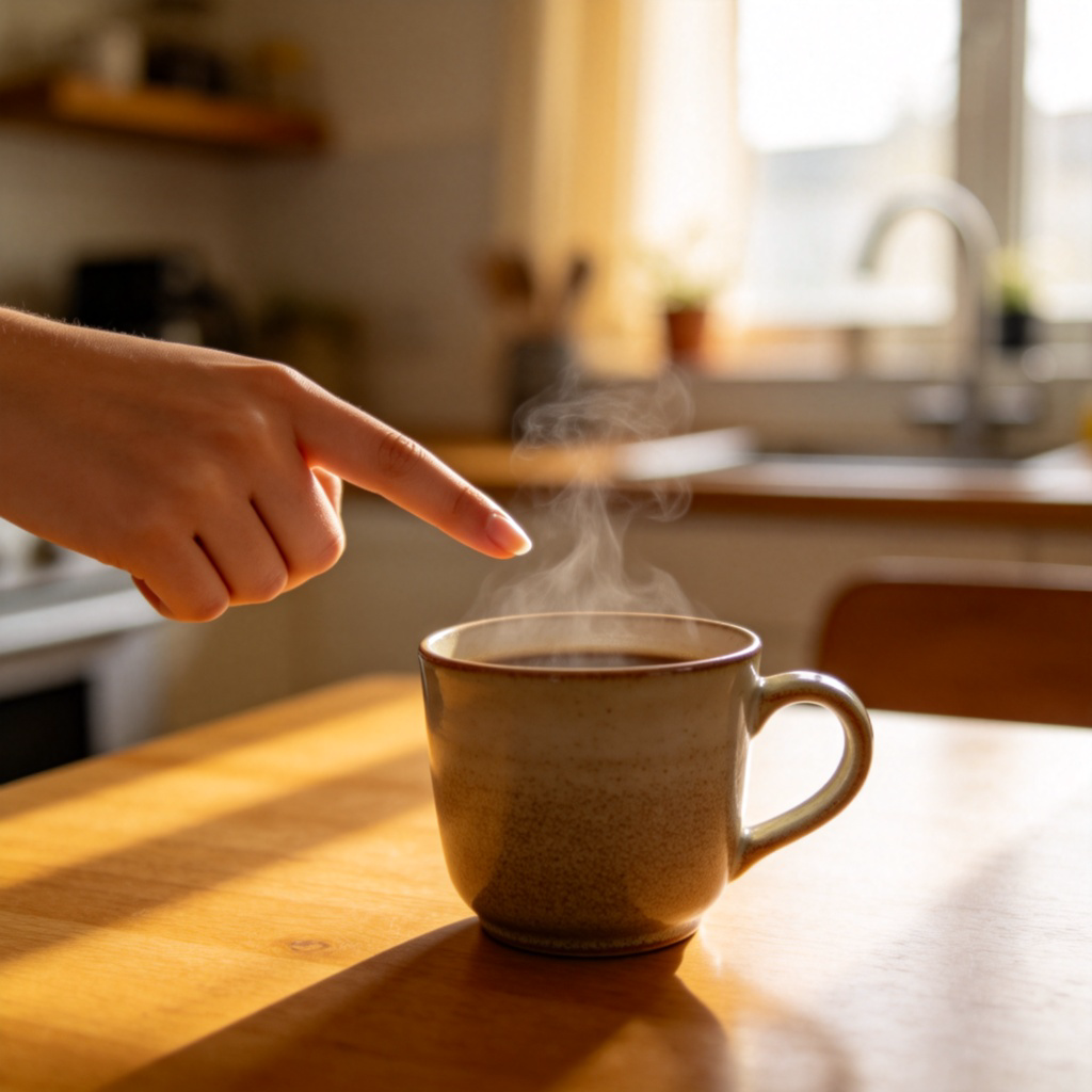 A young person's hand pointing directly at a cup of coffee or a book that is placed on a table right in front of them. The focus is sharp on both the pointing finger and the object being pointed at. The background is a simple, blurred kitchen or study table setting. Natural lighting from a window. No text or logos.