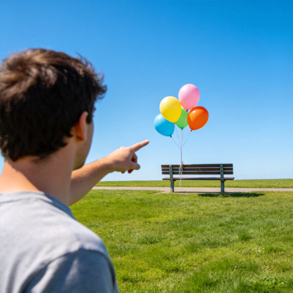 A person standing, pointing a finger towards several colorful balloons tied to a park bench in the distance. The person is in the foreground, and the balloons are clearly the focus of the pointing gesture. Sunny day, green grass, clear blue sky. No text or logos.