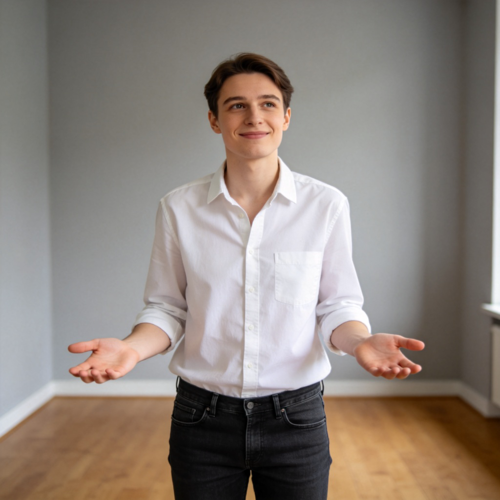 A person shrugging slightly with a gentle, slightly apologetic smile after giving an opinion. They are standing in a simple, neutral room. The expression conveys "having said that..." or "just to add..." in a casual, conversational way. Clean, realistic photograph. No text.