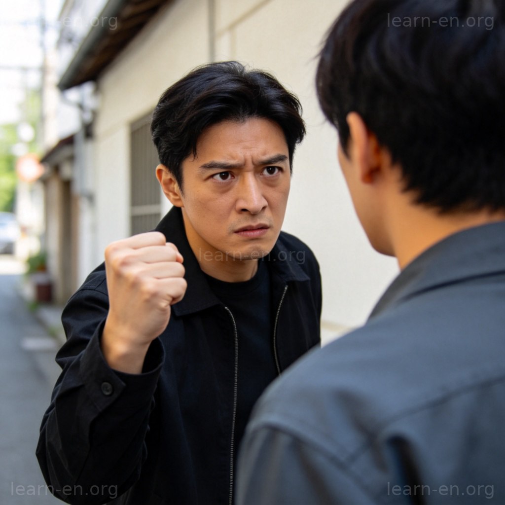 threat 威胁含义图解：一人握拳威胁，另一人面露惧色