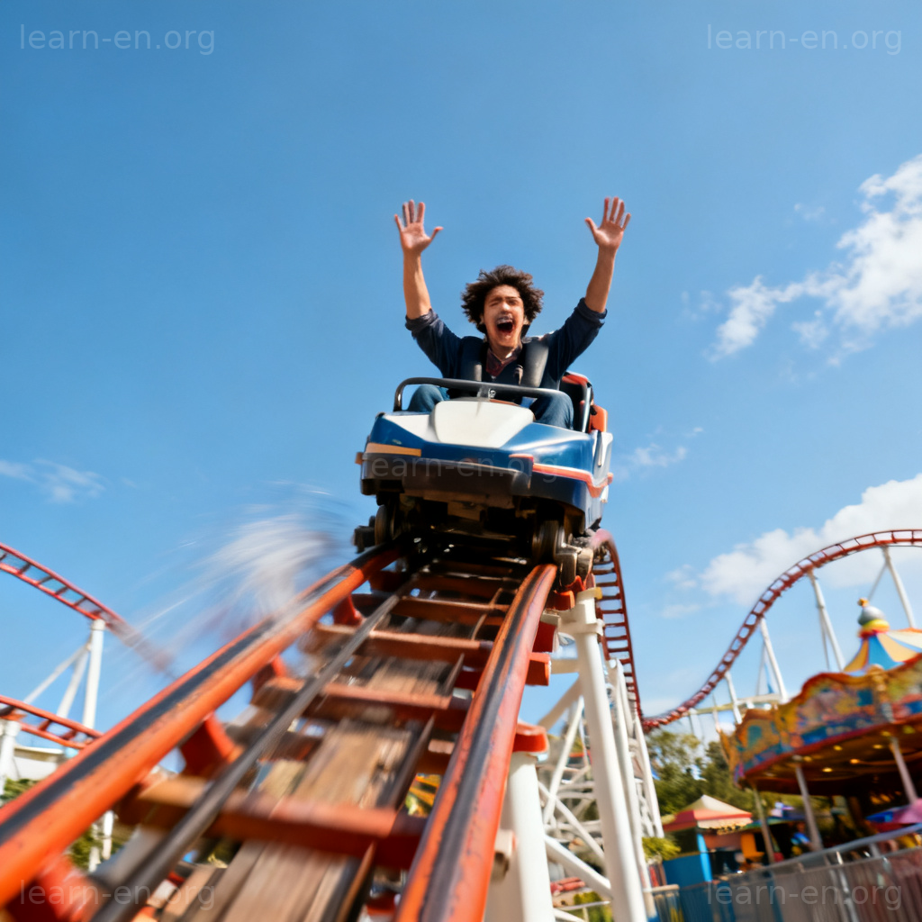 Thrill meaning shown through a person's exhilarated expression on a roller coaster ride.