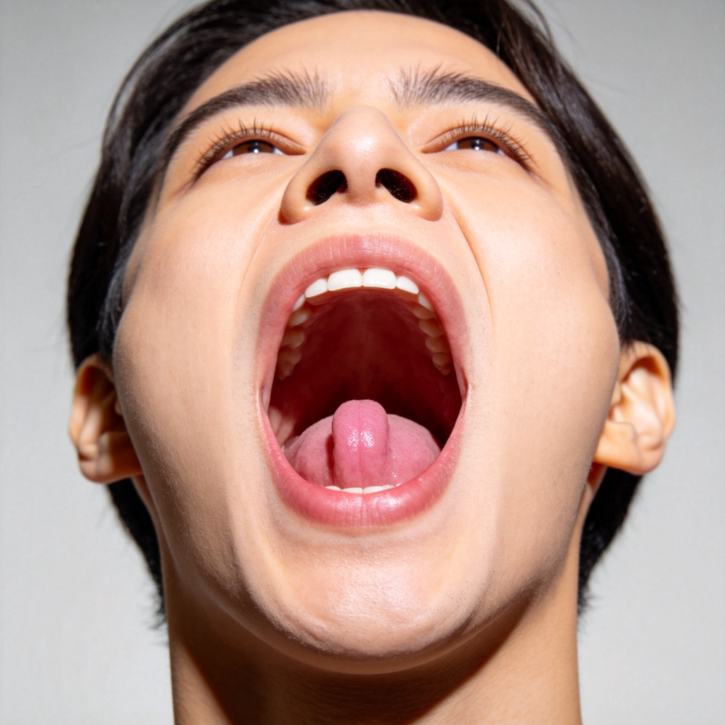 A person facing forward, slightly tilting their head back and opening their mouth wide. The view is a clear, well-lit close-up of their open mouth, showing the back of the throat with the uvula visible. The person's lips are parted, and the focus is sharp on the pink interior of the throat. Plain, neutral background. No text.