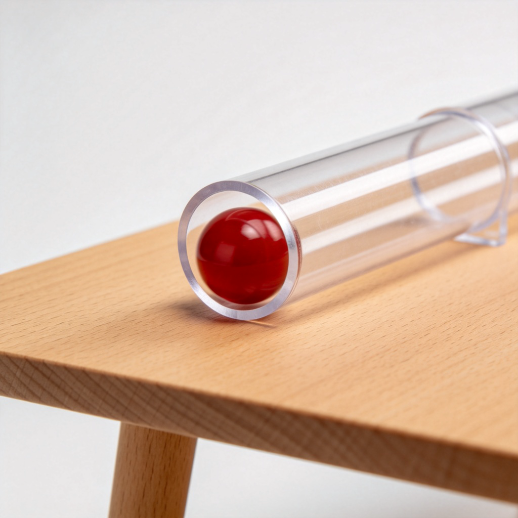 A clear, close-up side view of a red marble rolling smoothly through a short, transparent plastic tunnel on a wooden table. The marble is halfway, visible both entering and exiting. Clean background, sharp focus. No text or logos.