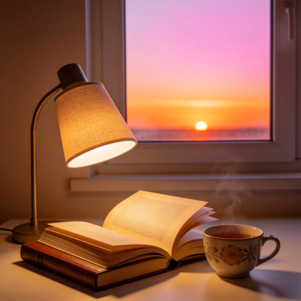 A desk lamp illuminating an open book and a cup of tea, from sunset (orange sky visible through a window) to sunrise (pink light through the same window). The scene shows the passage of time in one frame. Warm, calm lighting. No text.