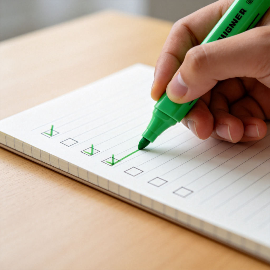 A person's hand using a green highlighter to decisively draw a line through the last item on a to-do list on a notepad. The other items are already ticked off. Simple desk setting. No text visible on the notepad.