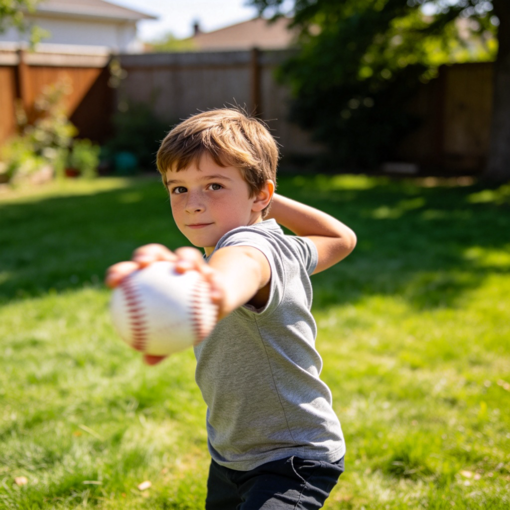 A clear photo of a child in a backyard, mid-action, throwing a baseball. The arm is pulled back and the body is twisted, showing the motion of the throw. The ball is just leaving the fingertips. Green grass background, bright daylight. Focus on the action and the ball. No text.