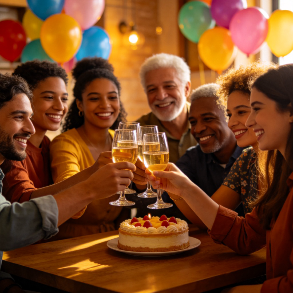 A lively indoor scene of a small house party. A group of diverse friends are smiling and raising glasses in a toast. In the background, there are balloons and a cake on a table. Warm, inviting lighting, focused on the happy people. No text.