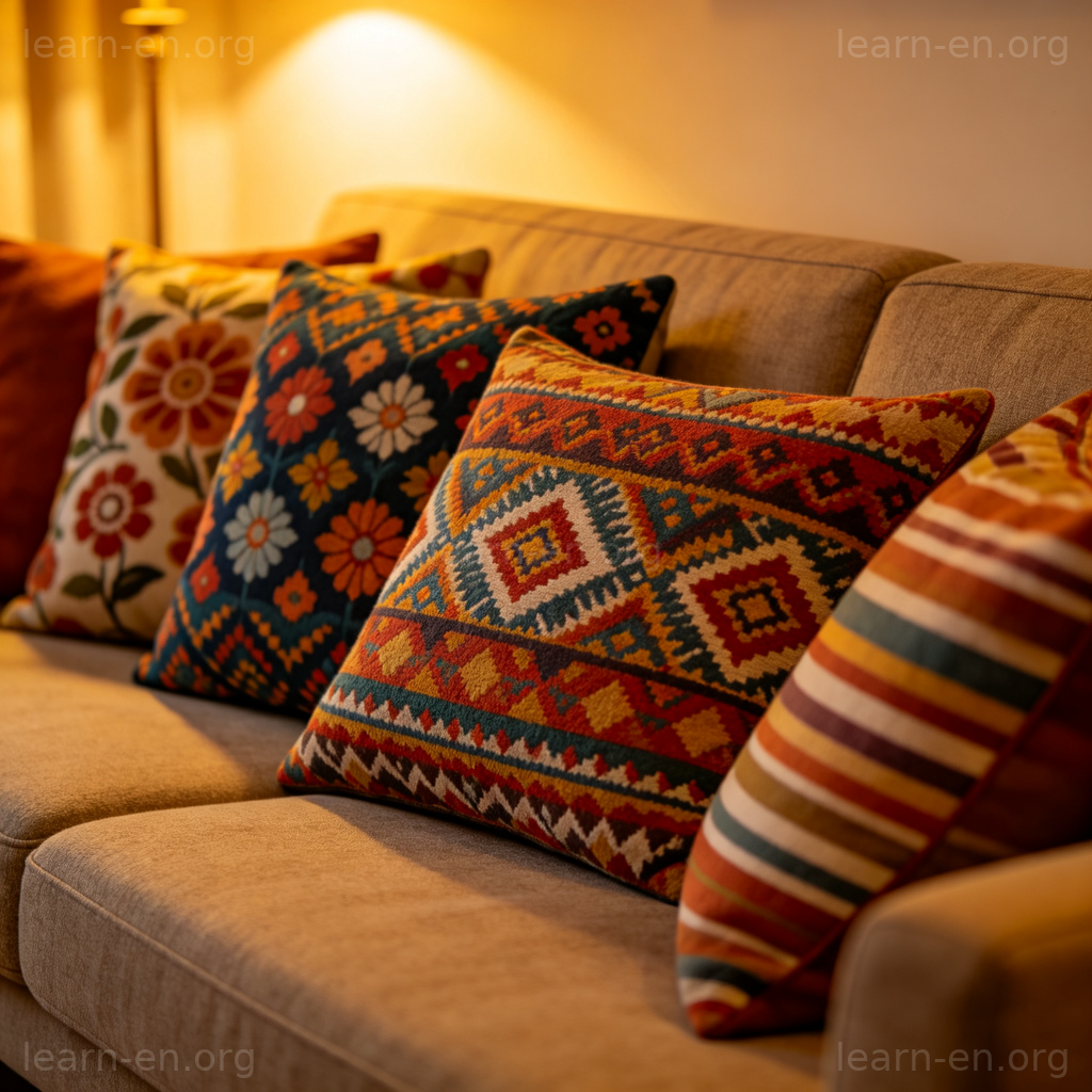 Throw Pillow 装饰抱枕图解：搭配沙发的彩色图案抱枕场景