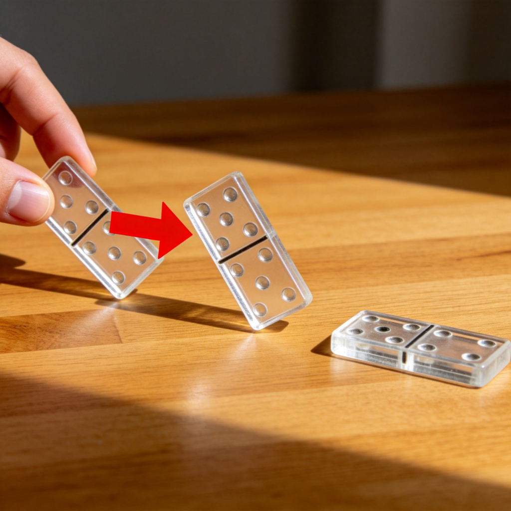 A series of three clear dominoes falling in sequence on a wooden table. The first domino is pushed by a finger, the second is tipping over, and the final domino has just fallen flat. A simple, bold red arrow is superimposed, pointing from the first domino to the last one, visually representing "cause leading to effect". Clean background, sharp focus.