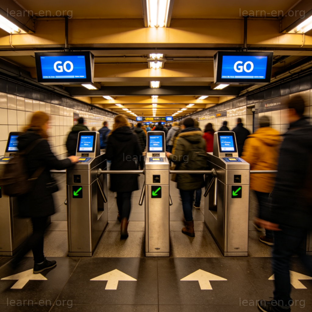 Ticket Gate 检票口图解：地铁站乘客刷卡通过闸机的场景