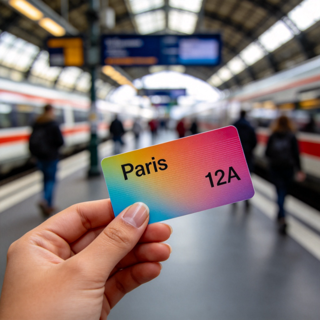 A close-up shot of a person's hand holding a colorful, modern-looking paper train ticket. The destination and seat number should be clearly visible. The background is a bustling train station platform, slightly blurred. The focus is entirely on the ticket in the foreground. No text or logos on the ticket.