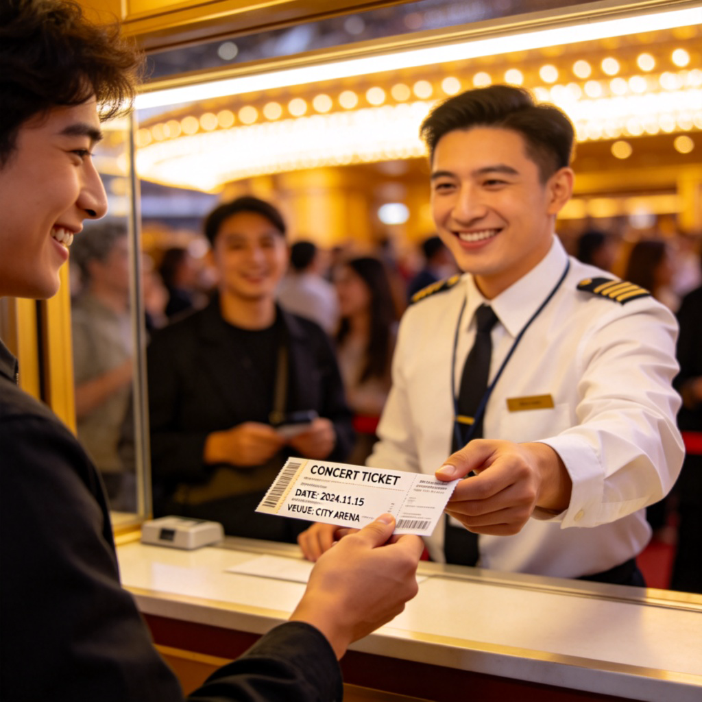 A person is happily handing over a printed concert ticket to an usher at the entrance of a brightly lit stadium or theater. The usher is smiling, ready to scan or tear the ticket. The atmosphere is lively and anticipatory. Focus is on the interaction and the ticket.