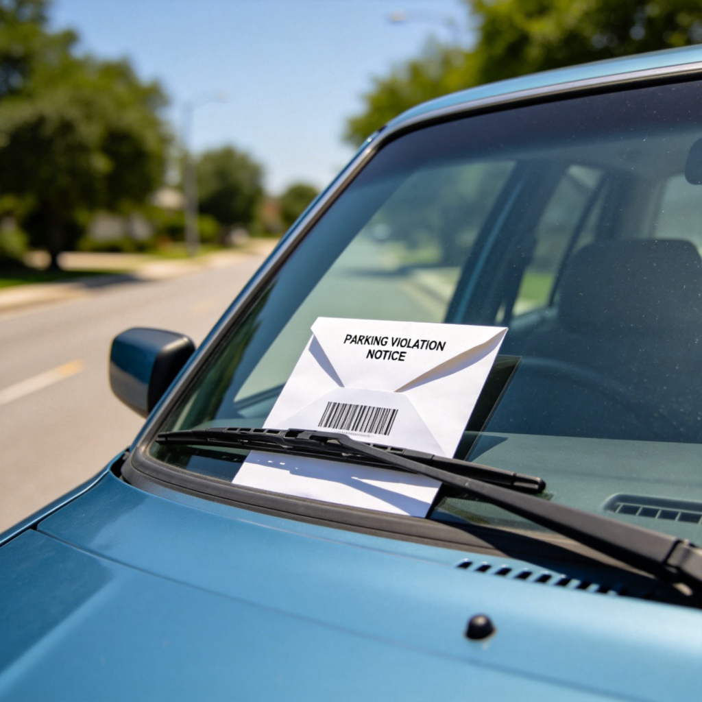 A close-up view of a white envelope-shaped parking ticket placed under the windshield wiper of a blue car. The ticket is partially unfolded, showing official text and a barcode. The car is parked on a quiet, sunny street. The mood is neutral, focusing on the object of the fine.