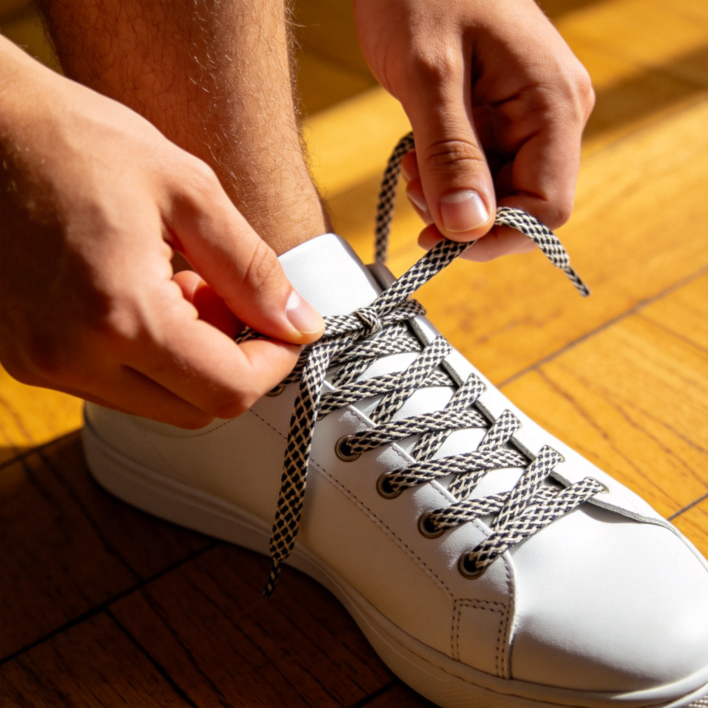 A close-up shot of a person's hands tying the laces of a white sneaker. Focus on the fingers and the criss-cross pattern of the laces being pulled tight. Natural daylight on a wooden floor background. No text.