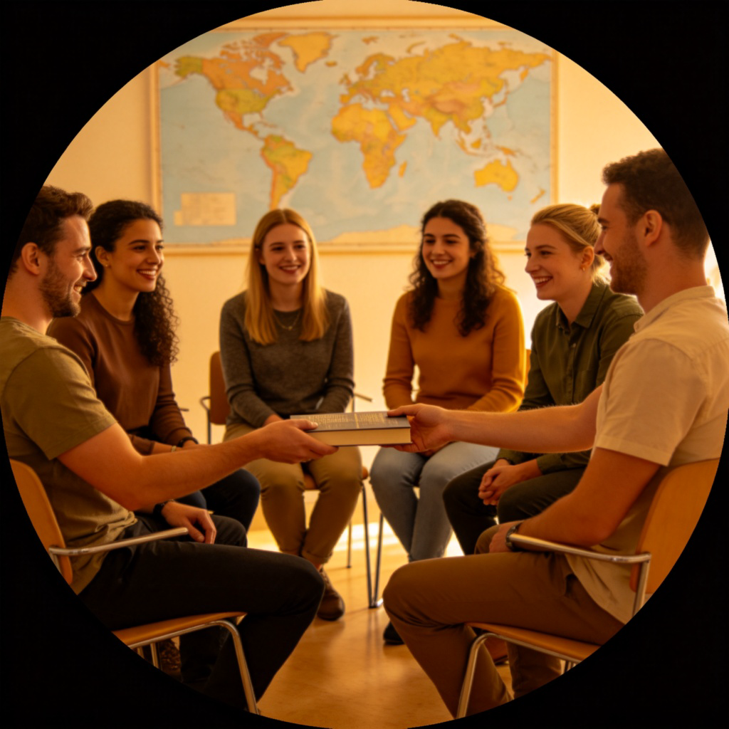 A diverse group of people sitting in a circle, smiling and engaged in a discussion, with a world map in the background. They are passing around a book, symbolizing shared interest. Warm, friendly atmosphere, soft lighting. No text.