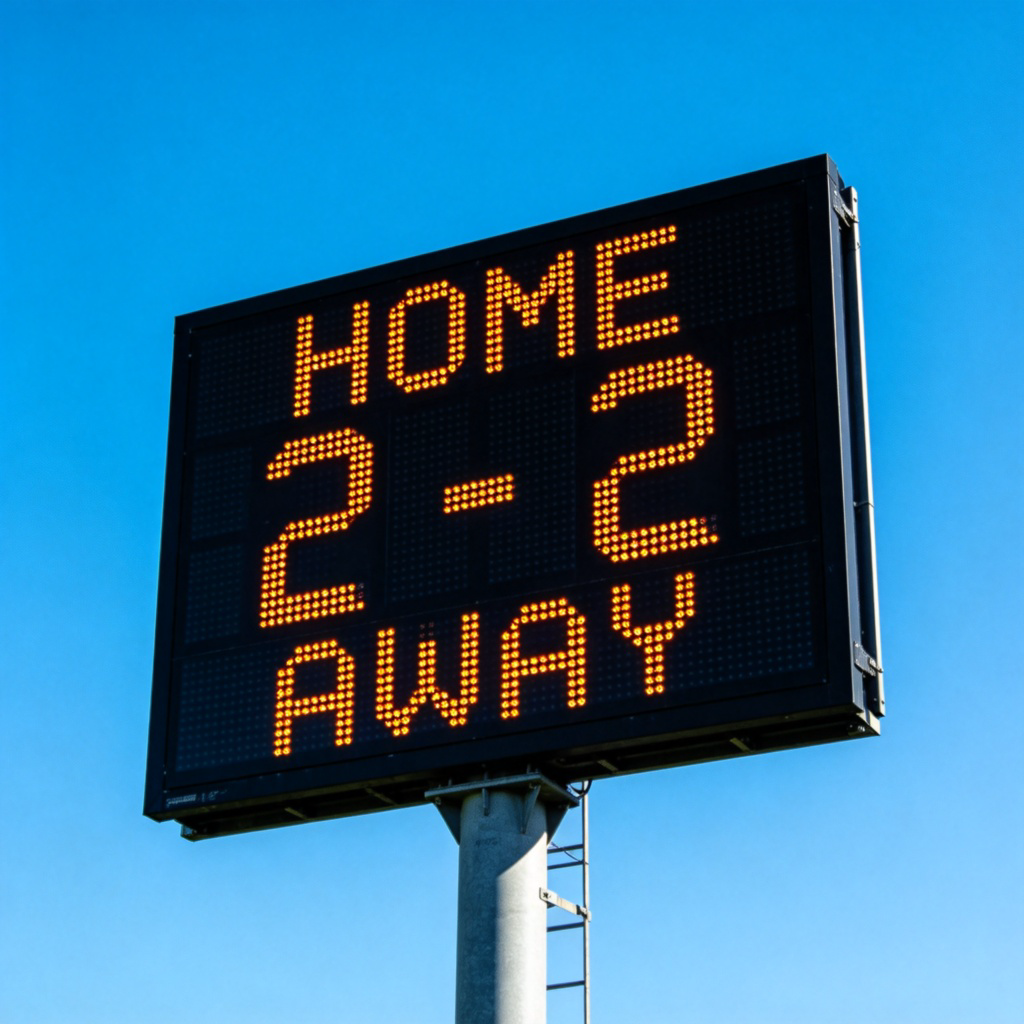 A clear, bright image of a soccer scoreboard showing "HOME 2 - 2 AWAY". The scoreboard is digital and mounted on a pole, seen against a blue sky or stadium backdrop. The numbers are large and easy to read. No text besides the numbers.