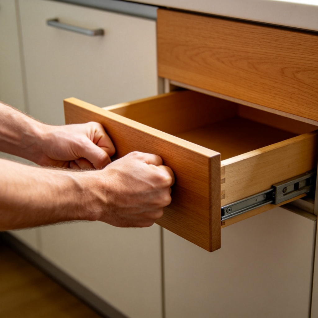A close-up shot of a person's hands trying to pull open a wooden drawer that is stuck. The hands are pulling hard, but the drawer is only slightly open, showing it's very tight. Plain kitchen background, natural light, focus on the tension in the hands and the unyielding drawer. No text.