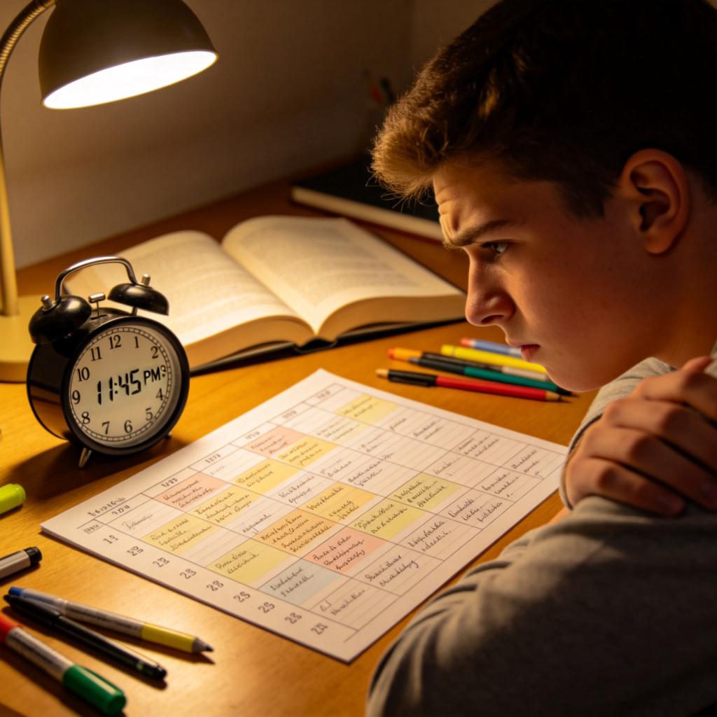 A student's desk with an open textbook, a messy weekly planner showing every hour filled with study blocks, and an alarm clock showing late time. The student looks stressed while looking at the planner. Warm desk lamp lighting, focus on the crowded schedule. No text.
