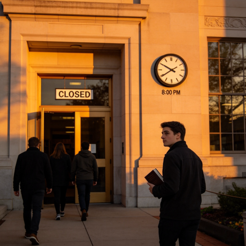 A scene outside a public library at dusk. People are walking away from the main entrance where a sign reads 'CLOSED'. A clock on the building wall shows 8:00 PM. One person is glancing back at the library with a book in hand, as if they just left. Natural lighting, clear focus on the clock and the closed door.