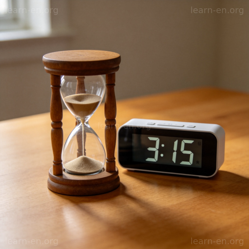 Time passage illustrated with an hourglass and digital clock