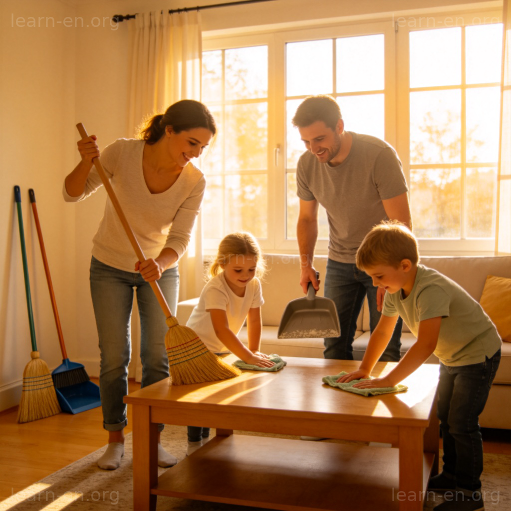 time to clean up 短语图解：快乐家庭打扫客厅场景