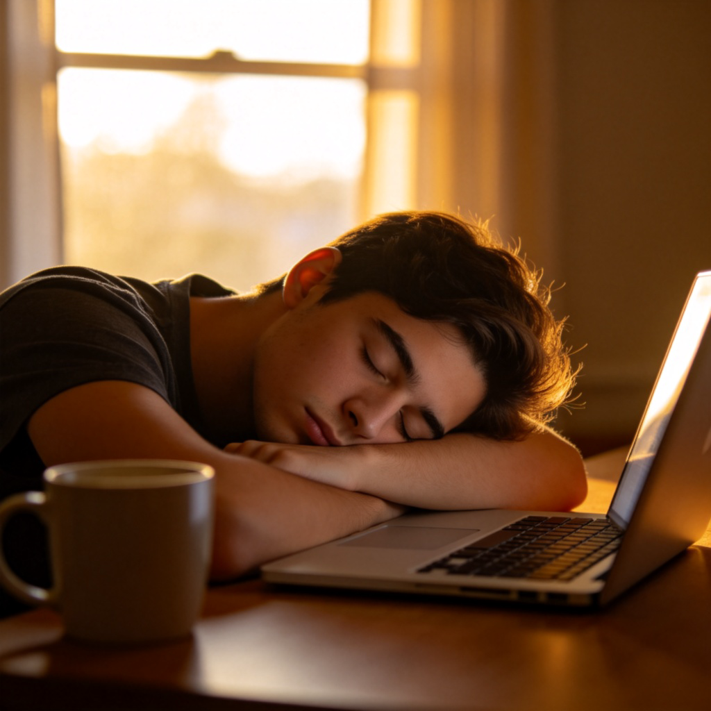 A young adult sitting at a desk with their head down on their arms, eyes closed, looking completely worn out. An open laptop and a coffee mug are nearby on the desk. Soft, late afternoon light from a window. Focus is on the tired expression and posture. No text or logos.