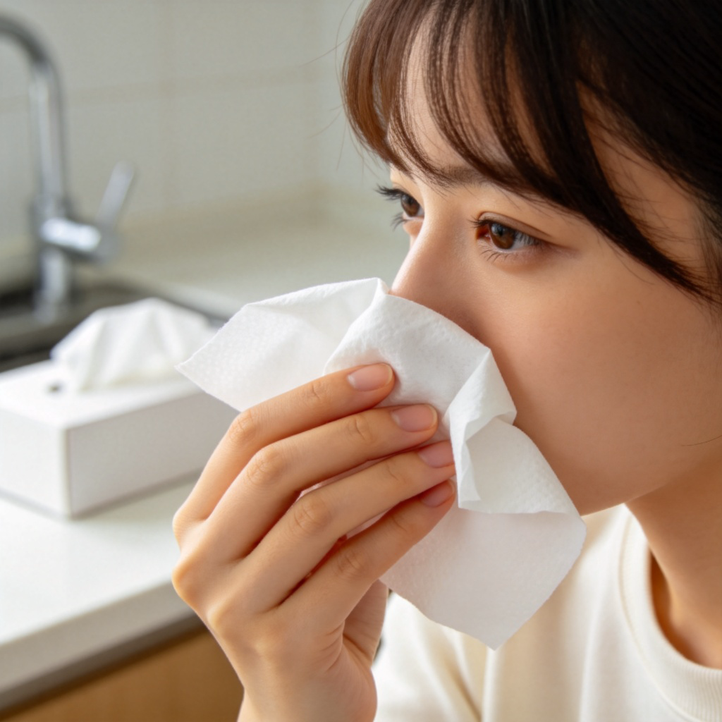 A person holding a soft, white, single-ply tissue against their nose. The tissue is slightly crumpled. The background is a simple, clean kitchen counter with a tissue box in view. Focus on the texture of the tissue and the natural action. No text on the tissue or the box.