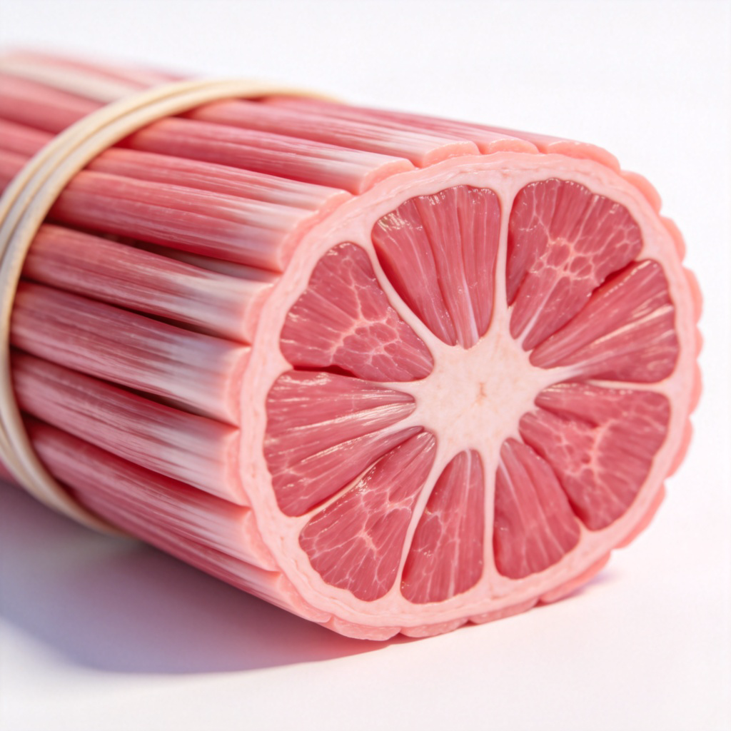 A clear, colorful diagram or realistic 3D illustration showing a magnified cross-section of pink muscle tissue. The fibers are visible and bundled together neatly. The background is plain white to highlight the scientific detail. No text or labels.