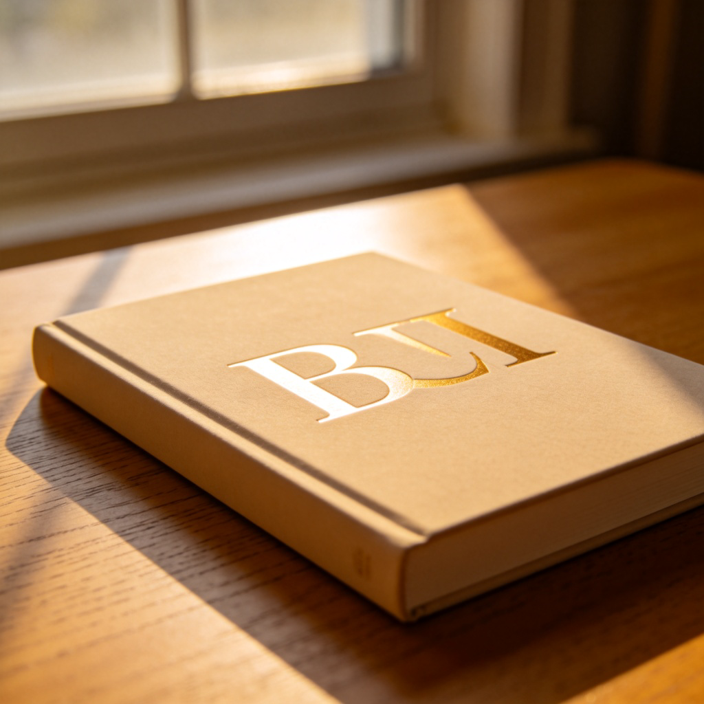 A close-up photo of a hardcover book lying on a wooden table. The focus is on its front cover, which displays a large, clear, and stylized title in bold letters. Soft natural light from a window illuminates the book. No other text or distracting objects are visible in the frame.
