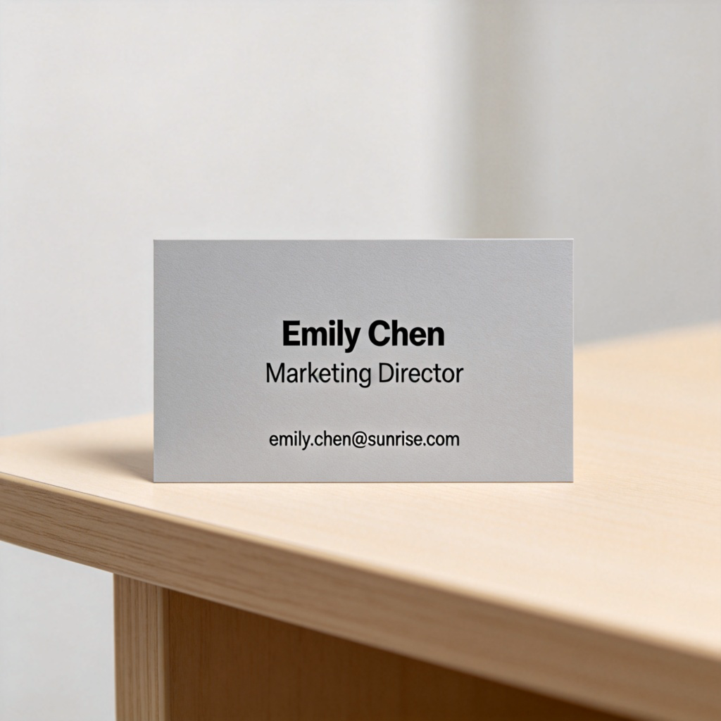 A clean, professional-looking business card placed on a light-colored desk. The card prominently displays a person's name and below it, in slightly smaller but clear text, their job title such as 'Marketing Director'. The background is blurred and minimalistic. No faces or other logos are present.