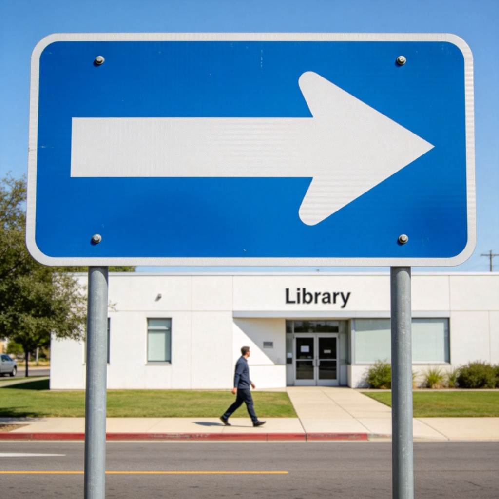 A clear, realistic street sign with a large white arrow on a blue background, pointing to the right. In the direction it points, a simple building with the word ‘Library’ is visible in the distance. A person is walking on the sidewalk towards the library. Bright daylight, focus on the arrow and the person’s movement. No text on the sign except ‘Library’.