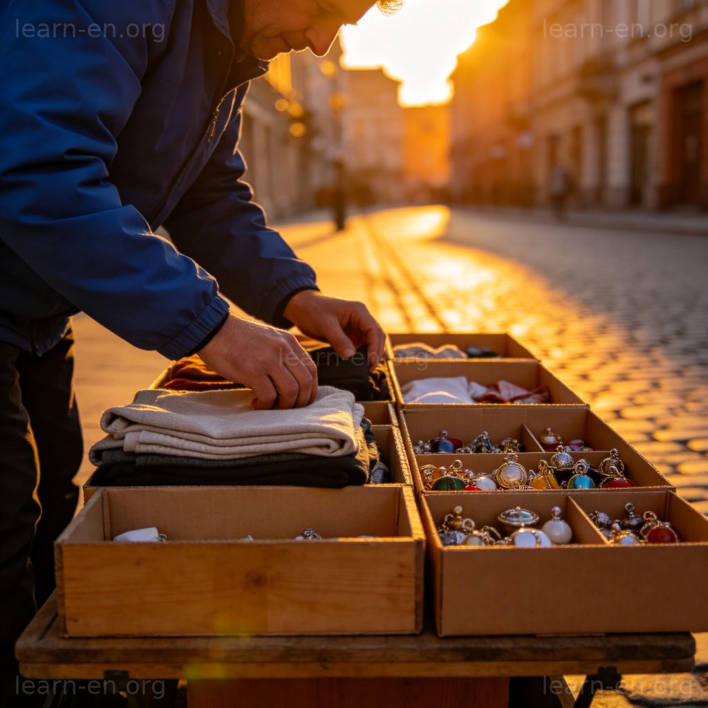 to pack up 收工场景：摊贩在日落时收拾货品装入纸箱