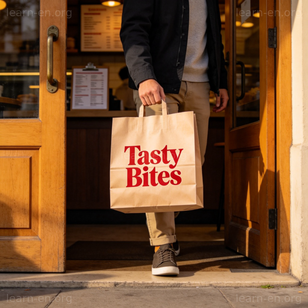 Person holding paper bag with restaurant logo walking out of door