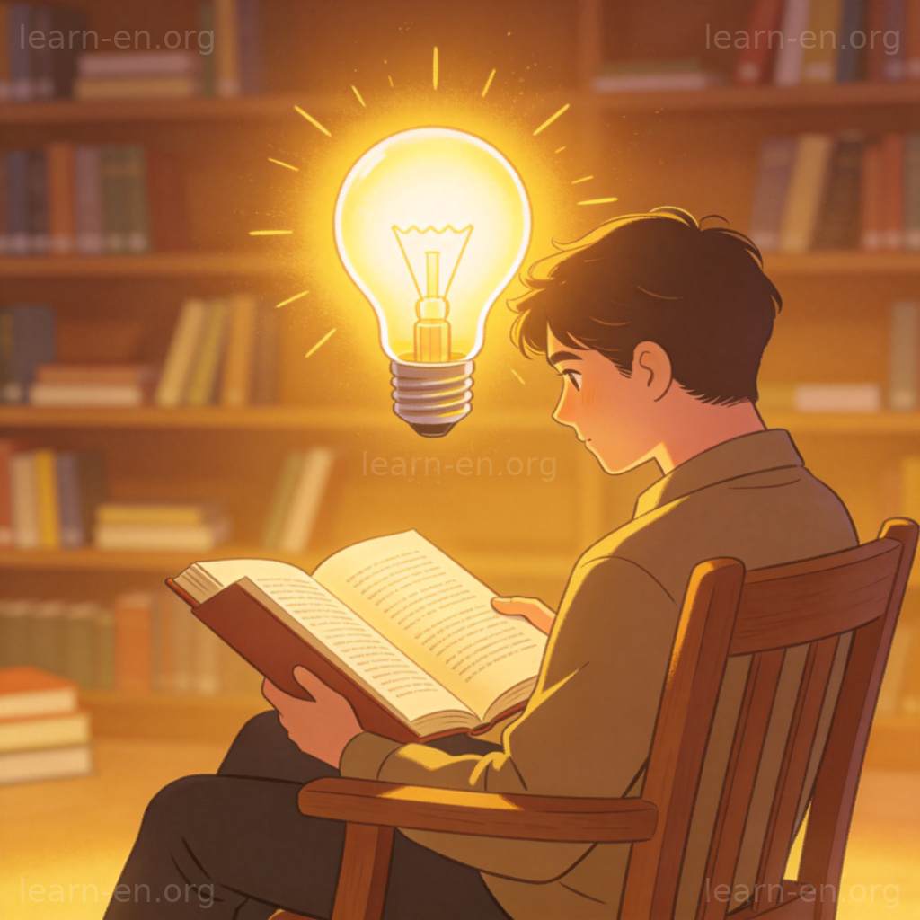 Lightbulb above man reading book representing key idea learned