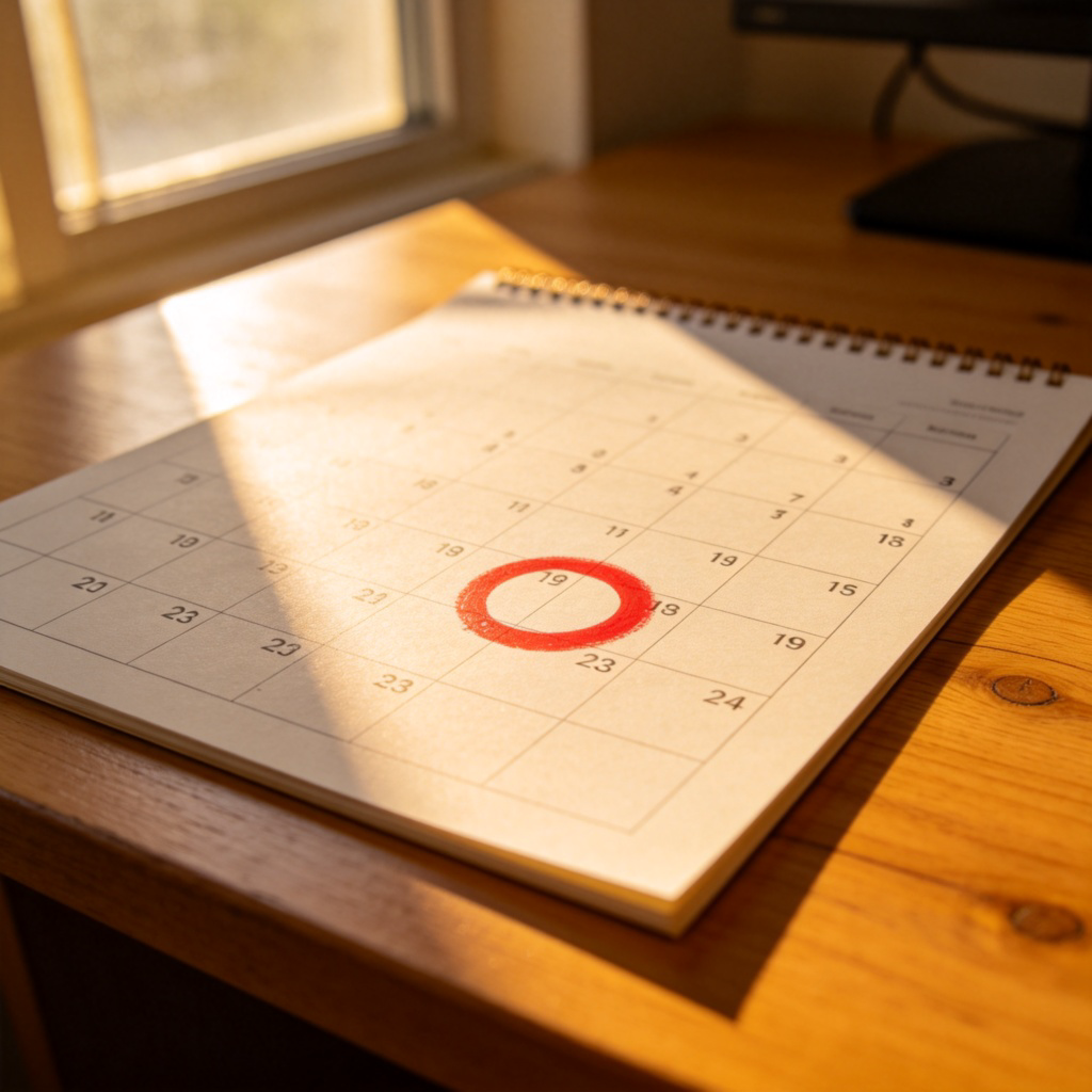 A close-up of a physical paper calendar lying on a wooden desk. One specific date is clearly circled with a bright red marker. Soft morning light streams in from a window, illuminating the page. No text, no logos.