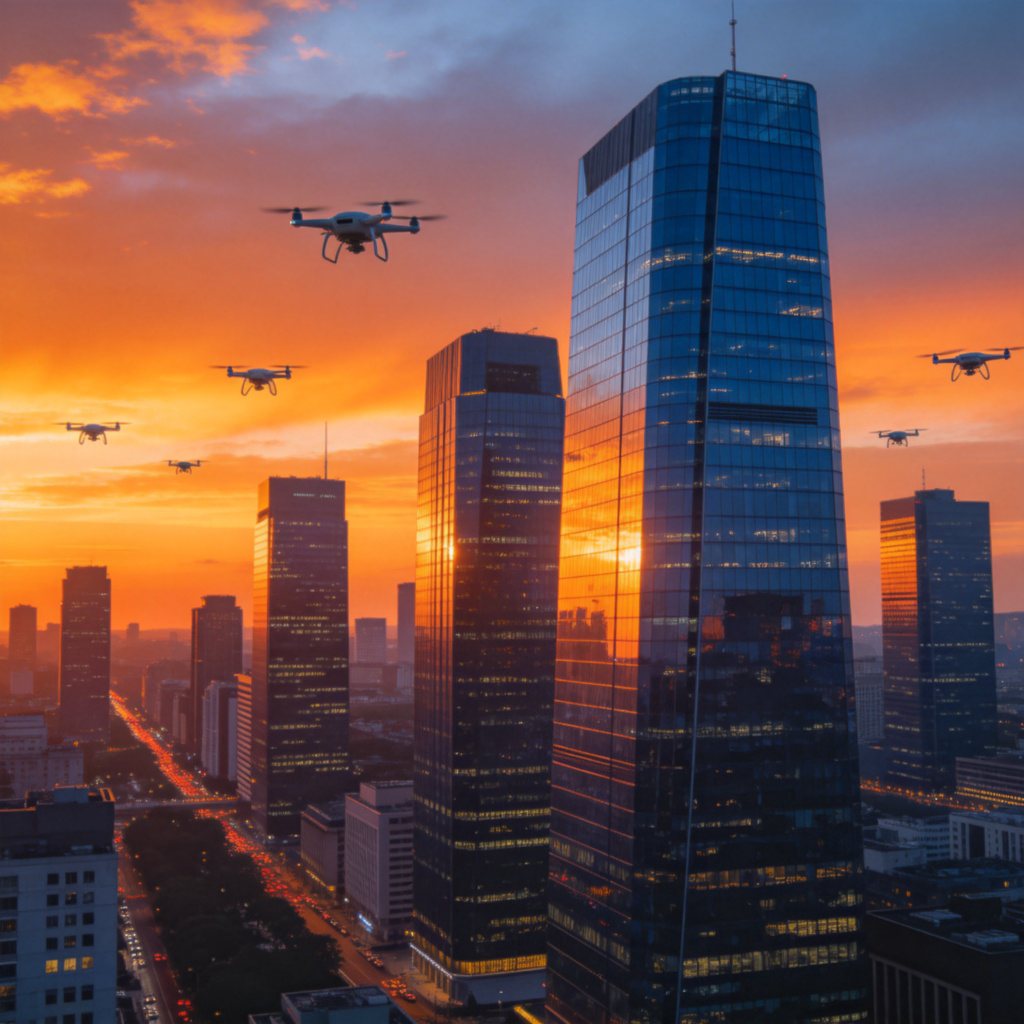 A panoramic view of a modern city skyline at dusk, with sleek glass skyscrapers reflecting the orange sunset. A few flying drones are visible in the sky, symbolizing modern technology. The scene is vibrant and forward-looking. No text.