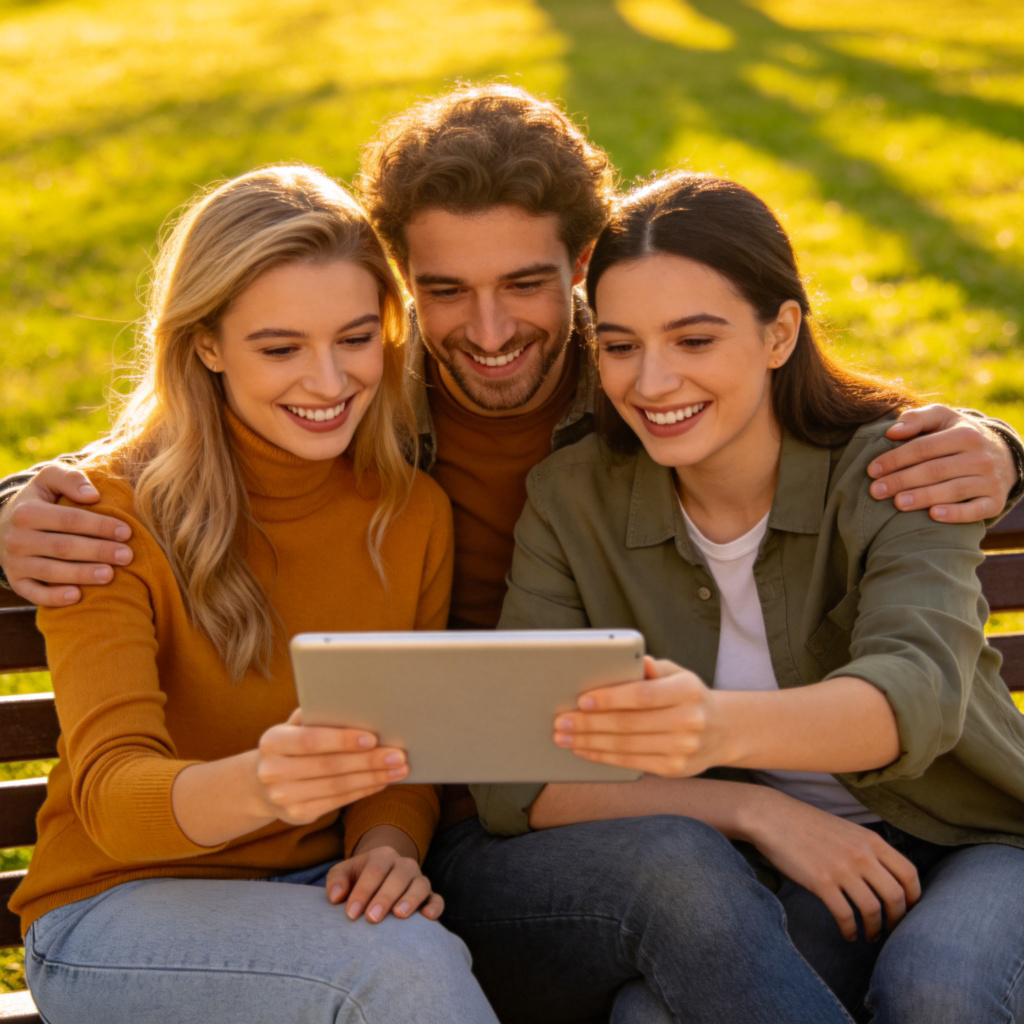 Three people smiling and sitting closely on a park bench, with their shoulders touching. They are looking at a tablet one of them is holding. Warm sunny day, green grass in the background, very friendly and close atmosphere. No text in the image.