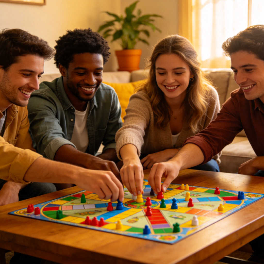 A diverse group of four people sitting around a table, their hands all reaching towards the center to move pieces on a colorful board game. They are smiling and focused on the game. Casual home setting. No text.