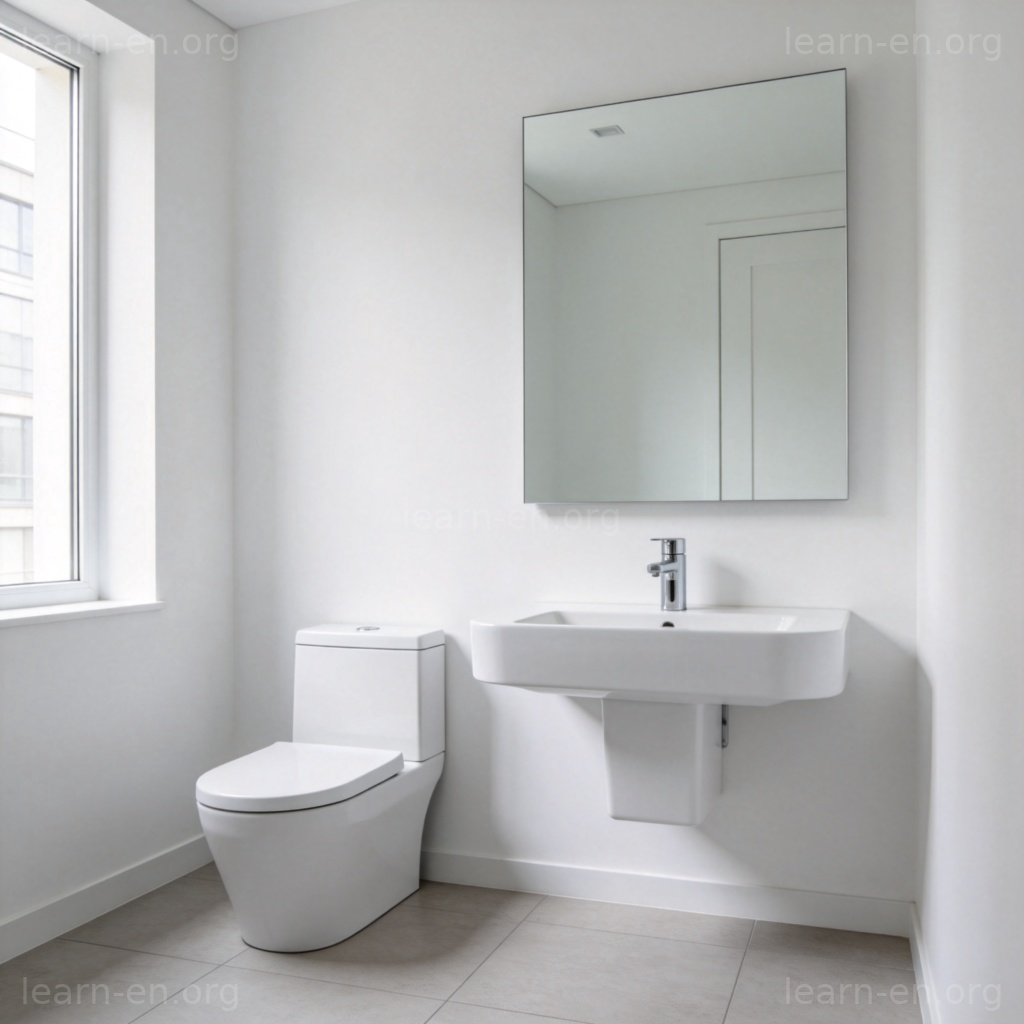 toilet 洗手间图解：现代卫生间内部，包含马桶、洗手池和镜子