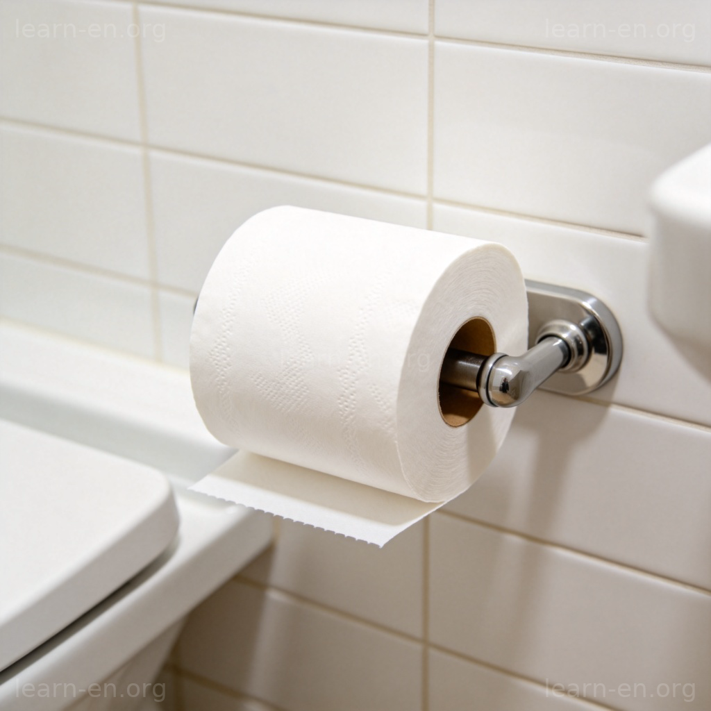 Toilet Paper 图解：一卷白色卫生纸置于家庭卫生间卷纸架上