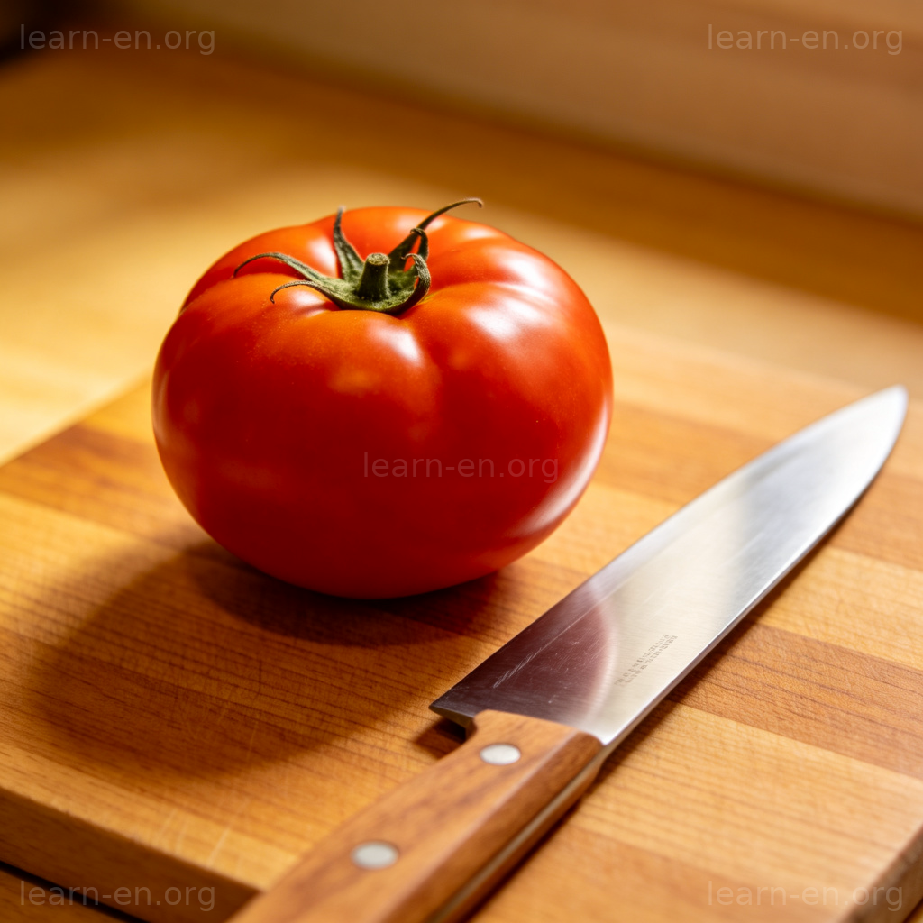 新鲜红番茄在木质砧板上的特写图解