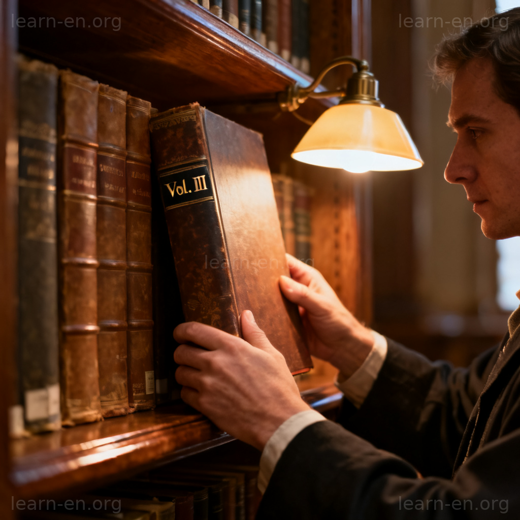 Tome as a scholarly volume: a scholar selecting a thick volume from a set in a grand library.