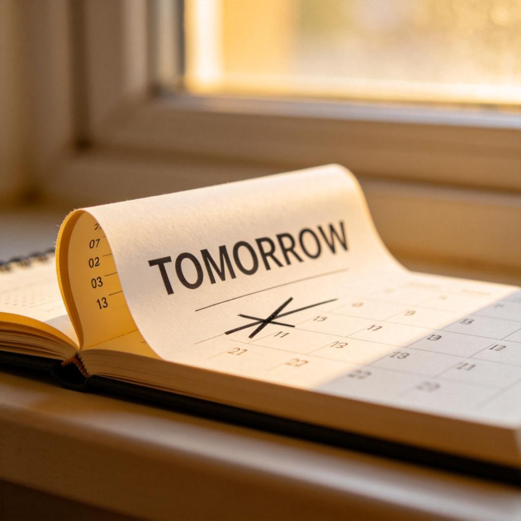 A close-up of a desk calendar with today's date clearly crossed out. The page for tomorrow is crisp and untouched, with the word 'TOMORROW' written in large, clean font. Soft morning light streams in from a window, highlighting the promise of a new day. No text on the page besides the date and day name.