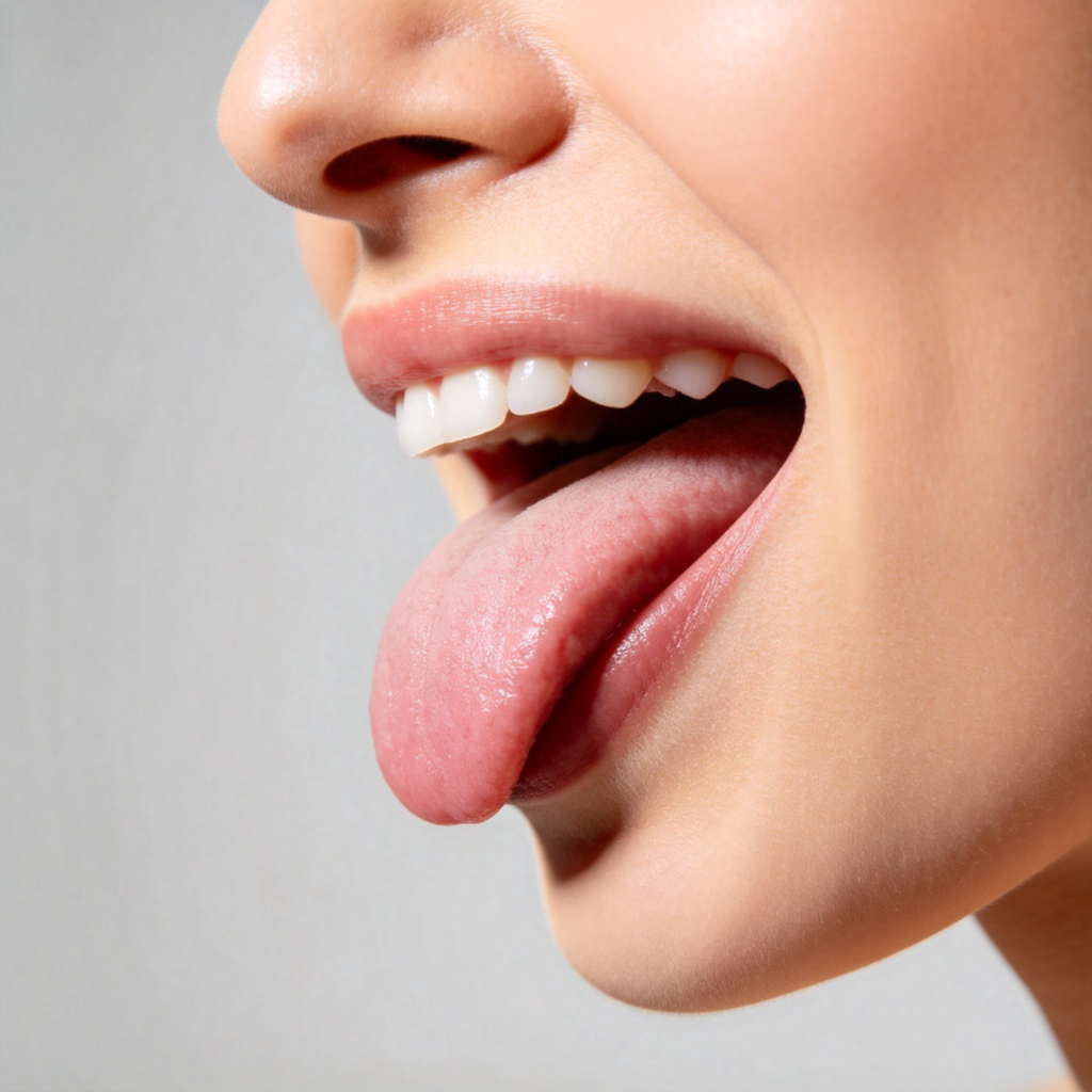 A close-up, side view of a person's open mouth, smiling slightly, with their tongue clearly visible. The tongue is pink and resting naturally. Soft, natural lighting, plain background, focus on the texture and shape of the tongue. No text, no logos.