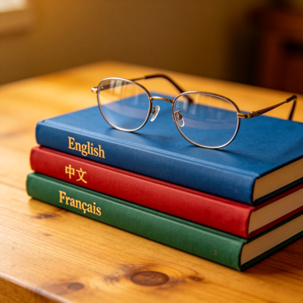A stack of three hardcover books with different colored covers, placed on a wooden table. The visible spines are labeled "English", "中文", and "Français" respectively. A pair of reading glasses rests on top. Warm, cozy lighting. No text or logos on the books' covers other than the language names.