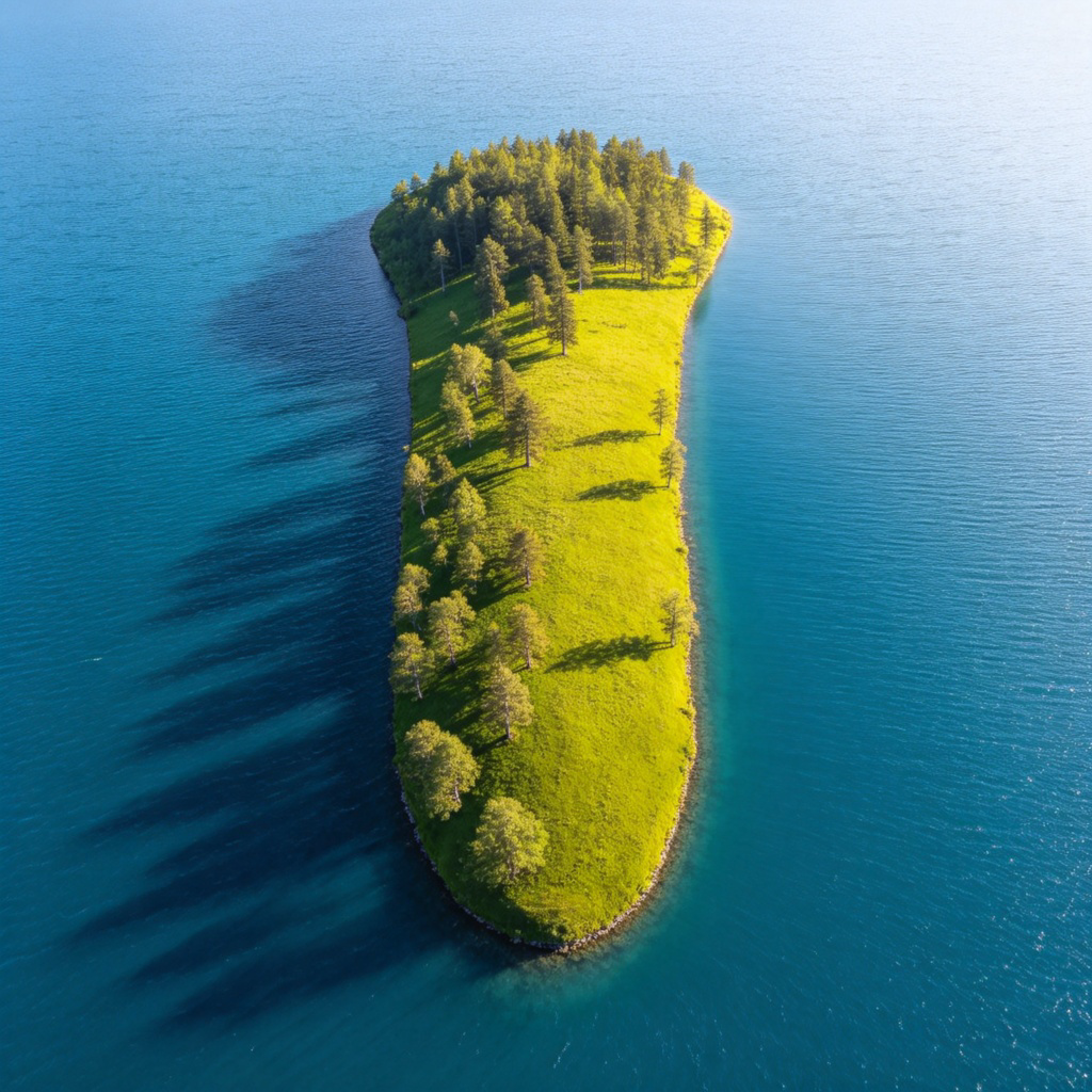 A bird's-eye view photograph of a peninsula, a long, narrow strip of green land with trees, surrounded by blue water on three sides. Sunlight highlights the shape, clearly showing it resembles a tongue. A simple, natural landscape. No text or man-made markers.
