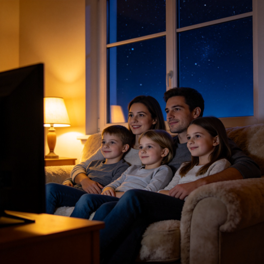 A cozy living room scene at night. A family is sitting on a sofa, watching television together. The only light comes from the TV screen and a warm table lamp, highlighting their relaxed faces. Visible through a window is a dark, starry sky. Focus on the family's shared moment indoors during nighttime.