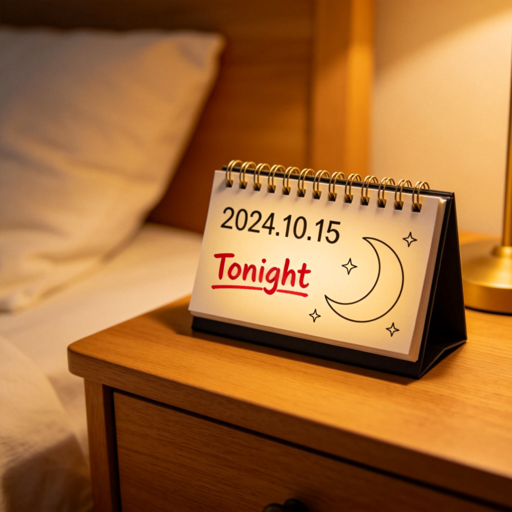 A close-up view of a physical calendar or a clock sitting on a nightstand. The date on the calendar is today's date, and the word "Tonight" is written in red marker or highlighted. Next to it is a simple illustration of a moon and stars. The focus is on the specific date and the label for the upcoming night.