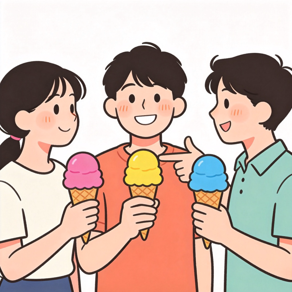 A friendly group of three people standing together, each holding a different colored ice cream cone. One person is smiling and pointing at their own ice cream, suggesting the others have one too. Plain, bright background. Simple, cartoonish style. No text.