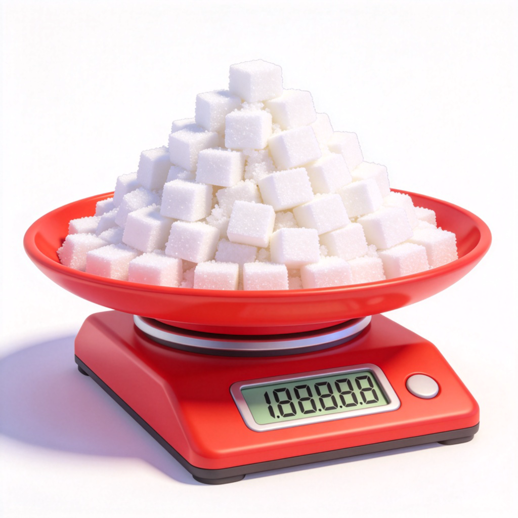 A cartoon-style digital kitchen scale with a large, bright red plate. On the plate is a huge, overflowing pile of white sugar cubes, clearly much more than needed. The scale's display shows a number far exceeding a normal amount. Clean, white background. No text.
